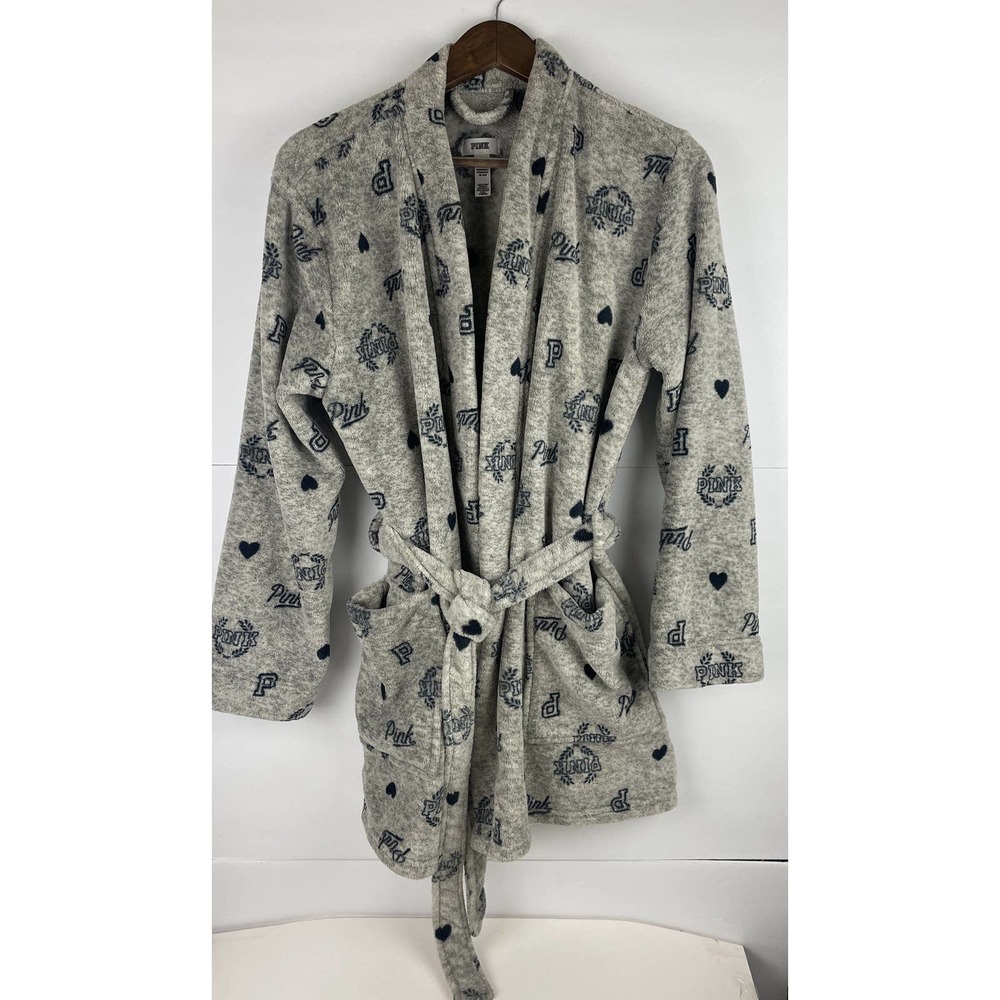 Victoria’s Secret PINK Plush Fleece Short Robe Size M L Gray Navy Logo Lounge
